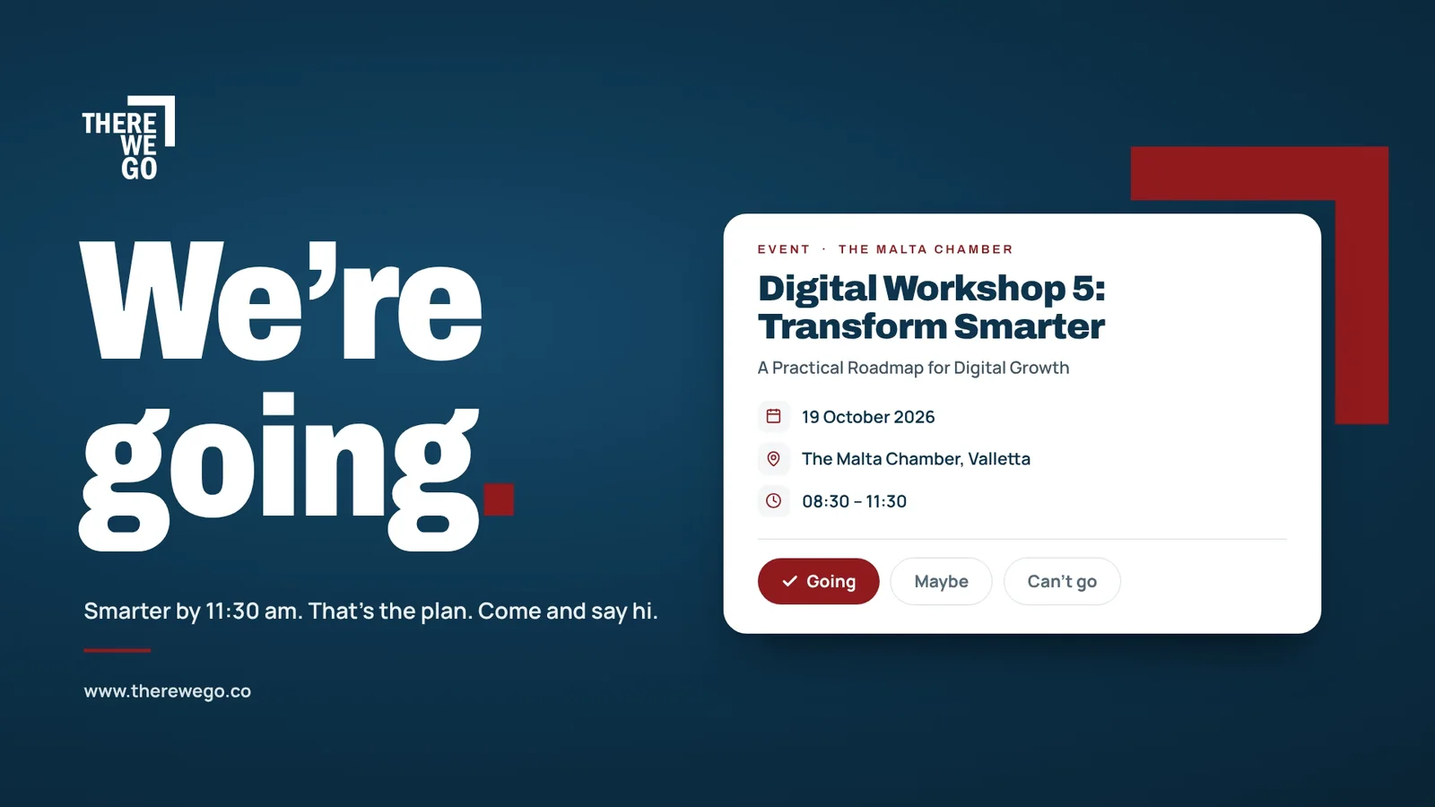 Digital Workshop 5 at The Malta Chamber: Transform Smarter, a practical roadmap for digital growth. 19 October 2026, Valletta, 08:30 to 11:30.